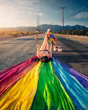 Girl Drawing Rainbow in The Road paint by numbers