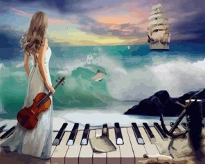 Lady with Piano and Violin at the Beach paint by numbers