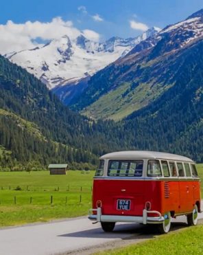 Red VW Bus In Beautiful Landscape paint by numbers