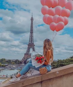 Girl Holding Pink Balloons In Paris paint by numbers