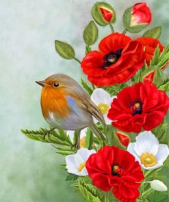 Bird On Poppy Flowers Paint by numbers