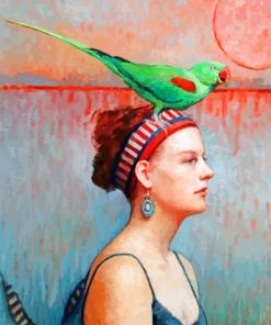 Lady And Green Parrot By Louise Fenne paint by number