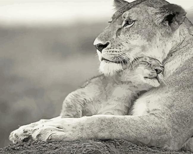 Black And White Lioness And Cub paint by numbers