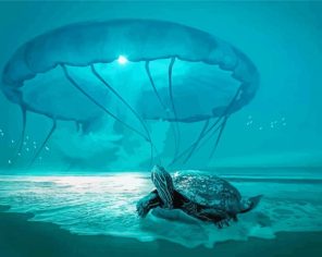 Turtle And Jellyfish In The Sky paint by numbers