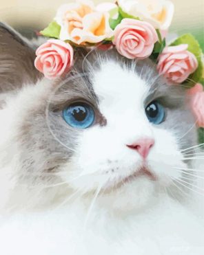White Cat Floral Crown paint by numbers
