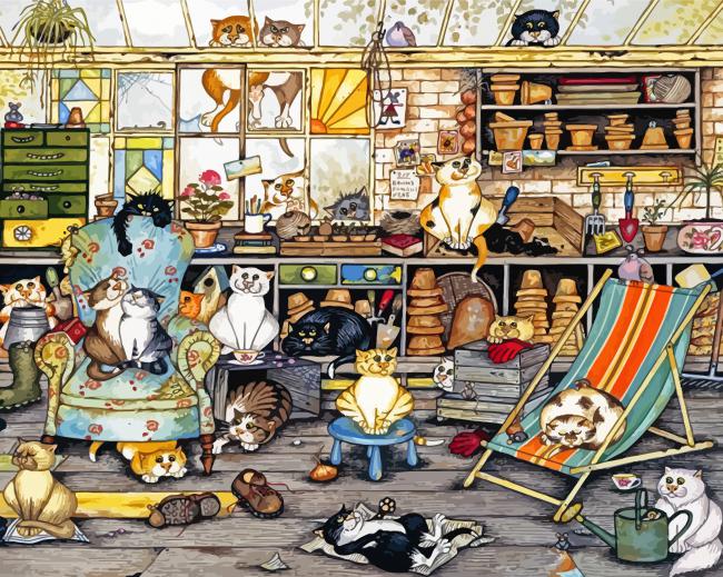 Crazy Cats In Potting Shed Paint By Numbers