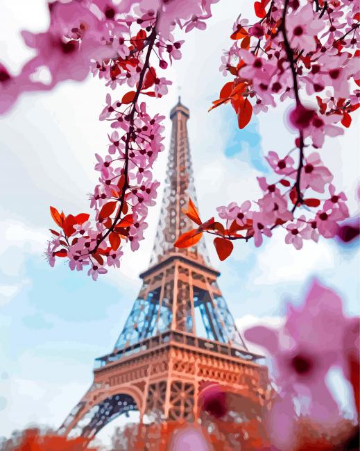Cherry Blossom Eiffel Tower Parise Paint By Numbers