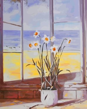 Window With With Flowers In Vase Art Paint By Numbers