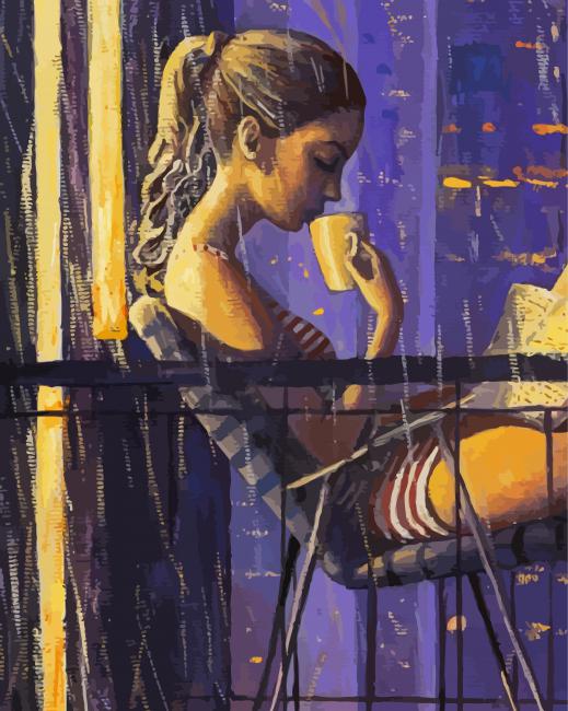 Girl Drinking Coffee In A Rainy Day Paint By Numbers