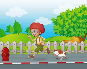 Cartoon Boy Running With His Dog Paint By Numbers